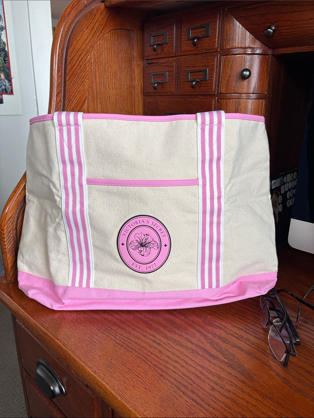 Victoria's Secret Cream Canvas Tote with Pink Trim and Logo